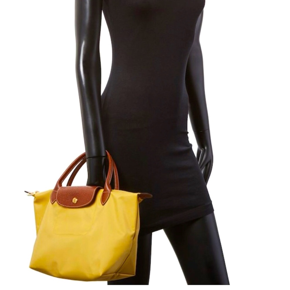 Longchamp Le Pliage Small Tote Bag in Yellow with Brown Trim
